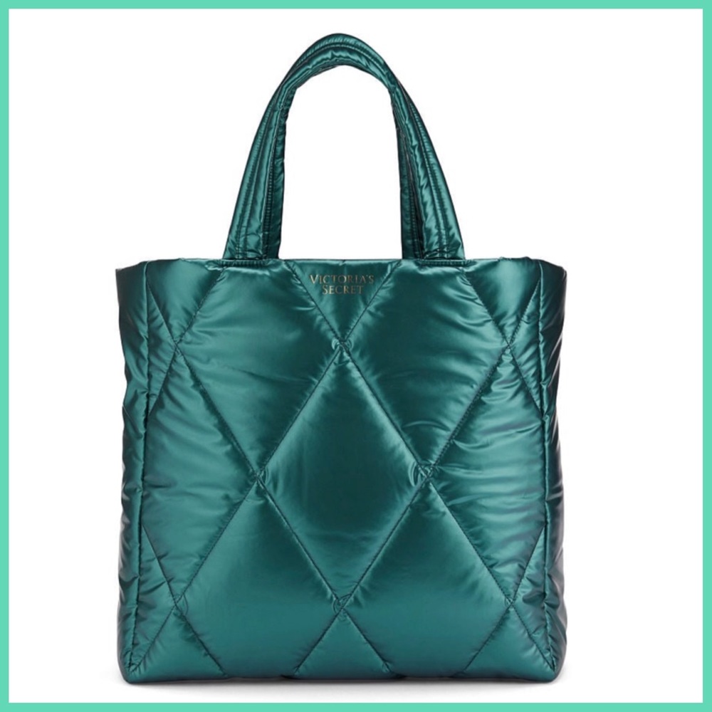 Victoria's Secret Holiday 2022 Quilted Puffer Tote Bag in Green Teal Metallic